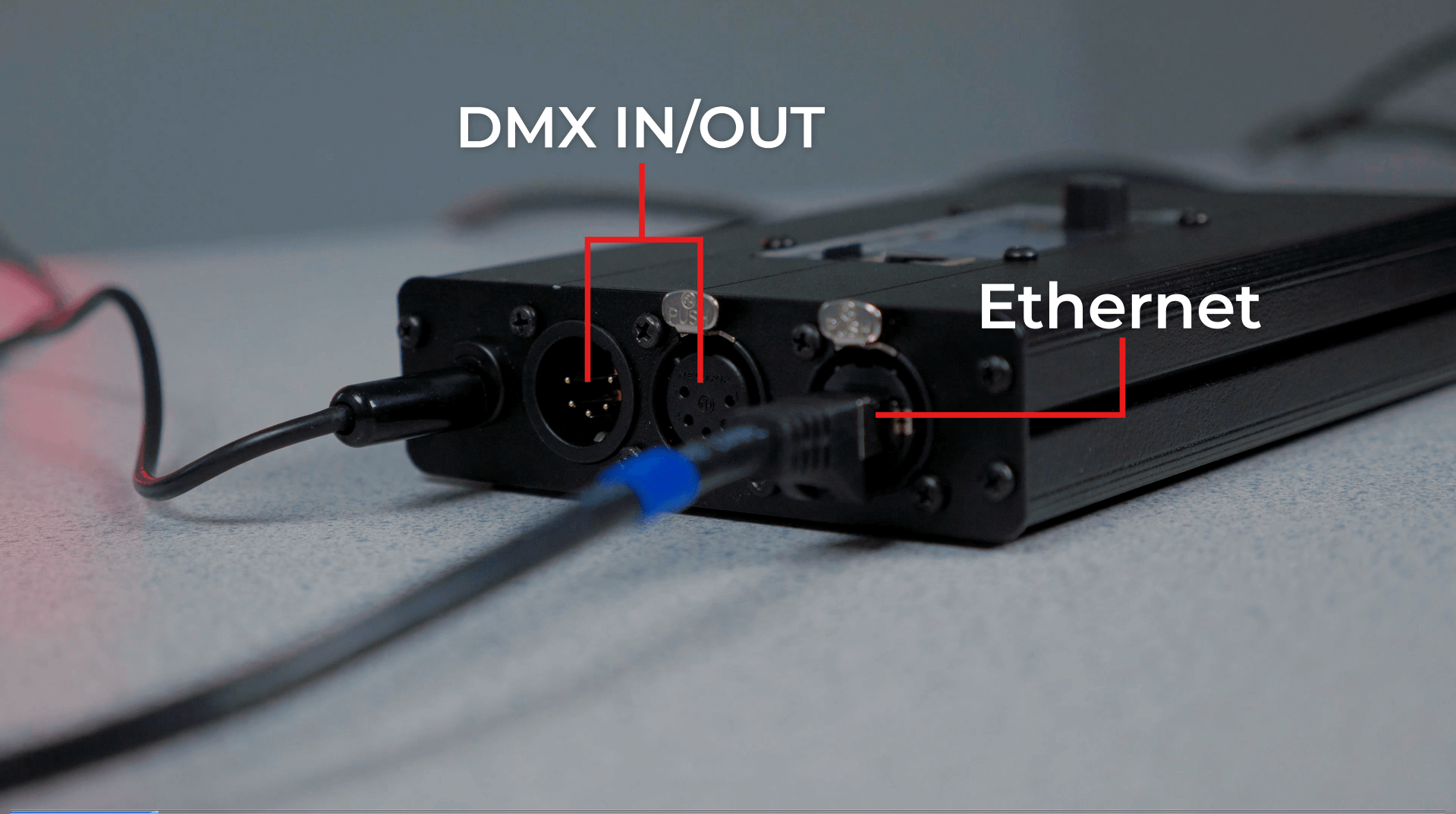 Load image into Gallery viewer, Pangolins FB4 External with Lighting DMX 5 Pin in &amp; Out and Ethernet Connection via Cat 5 or Cat 6 directly In.
